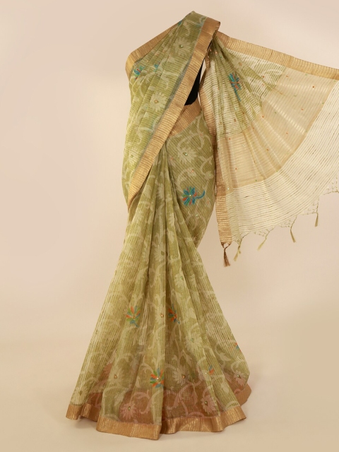 

Pothys Green Printed Tissue Saree with Jhalar Pallu