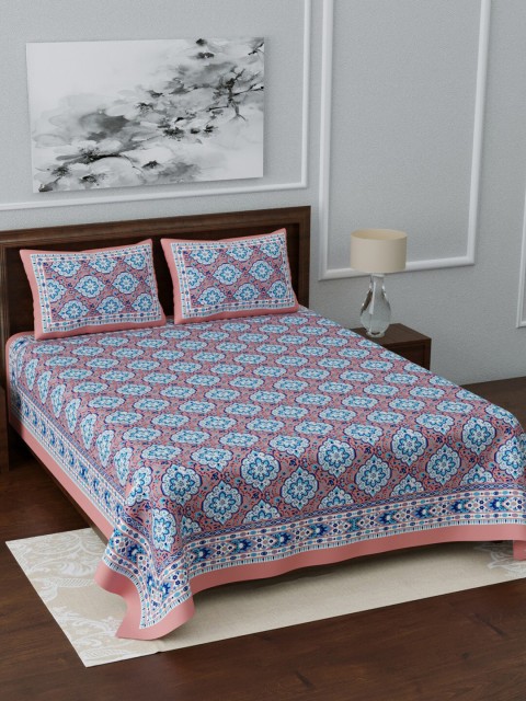 

LIVING ROOTS Blue & Peach-Coloured Ethnic Motifs 210 TC Extra Large Bedsheet With 2 Pillow Covers