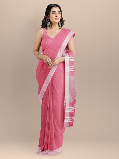 

BharatSthali Pink Linen Blend Solid Mangalagiri Sustainable Saree