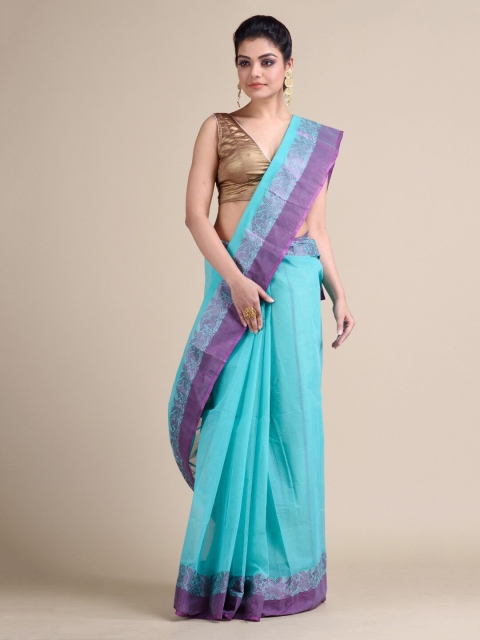 

Mitera Turquoise Blue Pure Cotton Solid Hand Woven Taant Saree