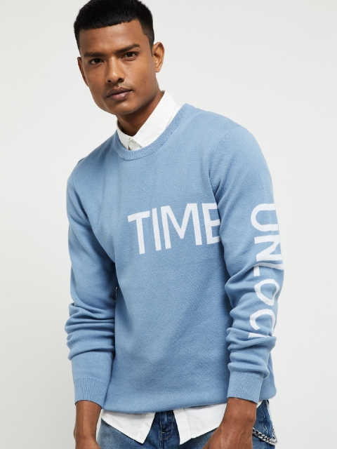 

max Men Blue Printed Round Neck T-shirt