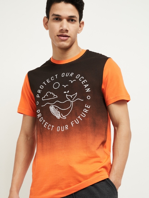 

max Men Orange Printed Round Neck T-shirt