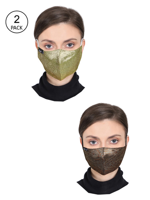 

Anekaant Unisex Pack Of 2 Printed Brocade Art Silk 3-Ply Outdoor Face Masks, Green
