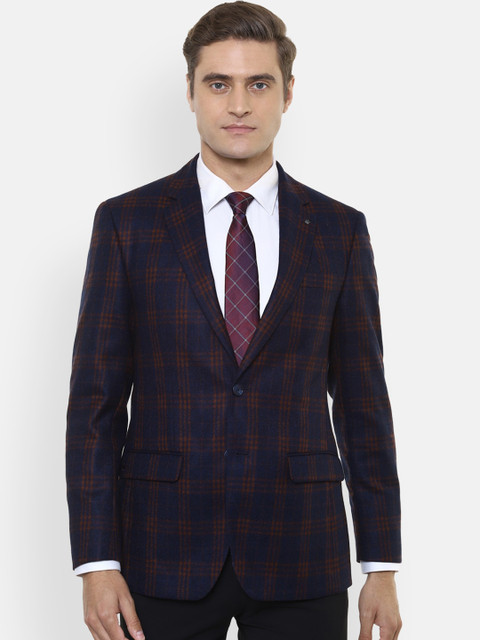 

Louis Philippe Men Navy Blue & Maroon Checked Single Breasted Woollen Formal Blazer