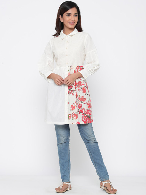 

Juniper Women Off White & Pink Self-Design Cotton Tunic