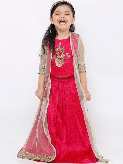 

SALWAR STUDIO Girls Pink & Gold-Colour Embellished Readymade Lehenga Choli With Jacket