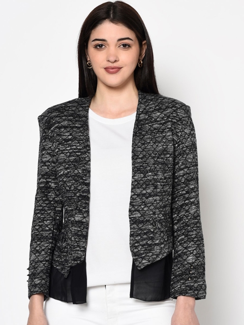 

Miss Grace Women Black Self Design Open Front Jacket