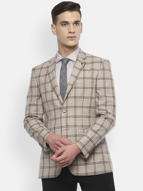 

Louis Philippe Men Beige & Brown Checked Slim Fit Single-Breasted Blazer