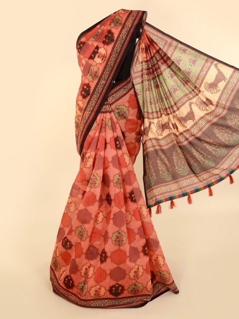 

Pothys Peach-Coloured & Black Cotton Blend Printed Saree