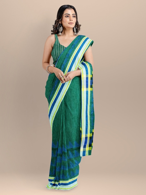 

BharatSthali Green Pure Linen Solid Maheshwari Saree