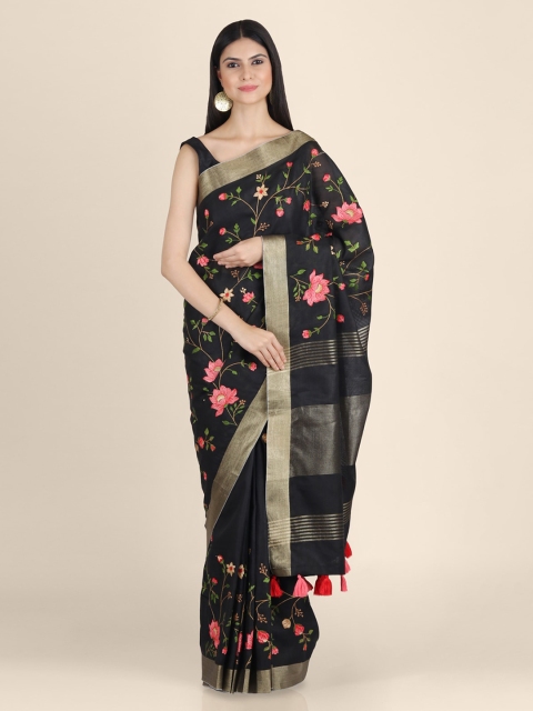 

KAJREE Black Pure Linen Embroidered Handloom Khadi Saree
