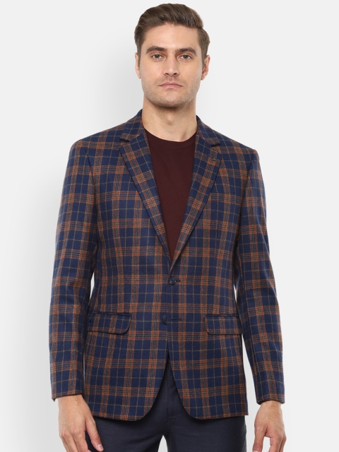 

Louis Philippe Men Navy Blue & Brown Checked Single Breasted Woollen Blazer