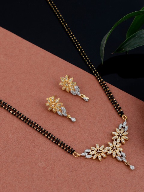 

Silvermerc Designs Gold-Plated Black & White American Diamond Studded Beaded Mangalsutra Set