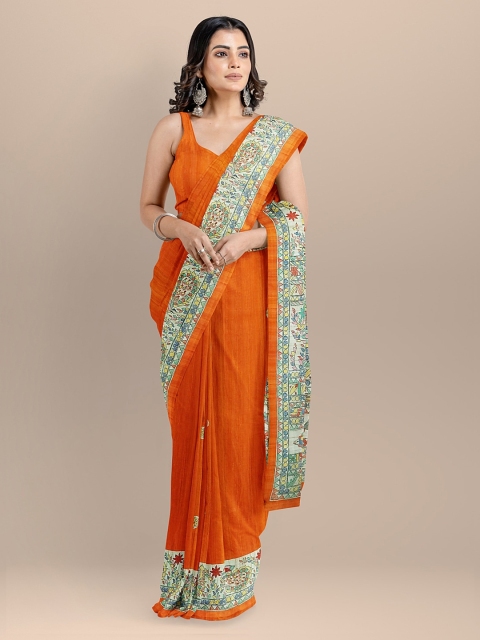 

BharatSthali Orange & Green Silk Cotton Printed Tussar Sustainable Saree