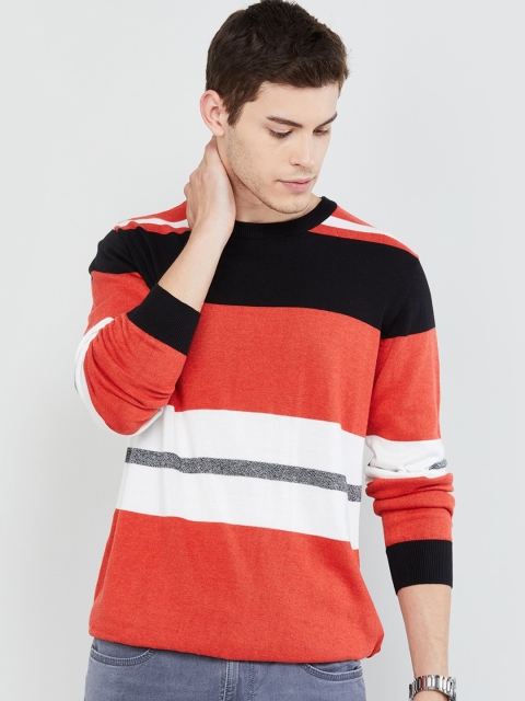 

max Men Black & Red Striped Round Neck T-shirt