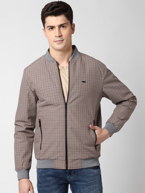 

Peter England Casuals Men Brown & Grey Checked Bomber Jacket