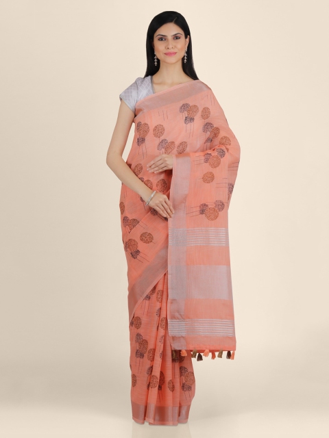 

KAJREE Peach-Coloured & Brown Pure Linen Printed Saree
