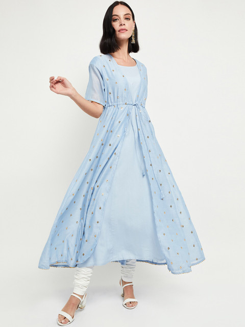

max Women Blue Embroidered A-Line Kurta