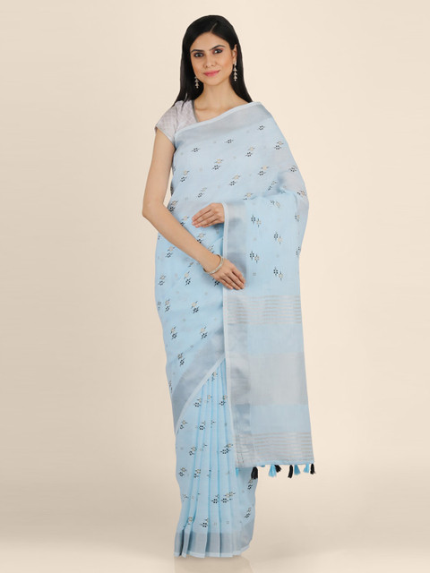 

KAJREE Blue Pure Linen Woven Design Tussar Saree