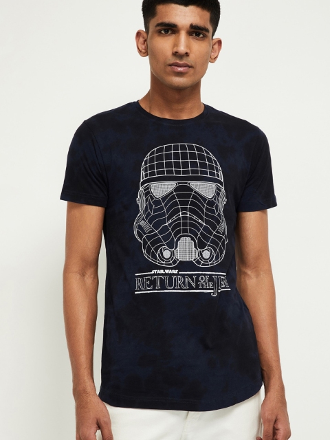 

max Men Navy Blue Printed Cotton Round Neck Pure Cotton T-shirt