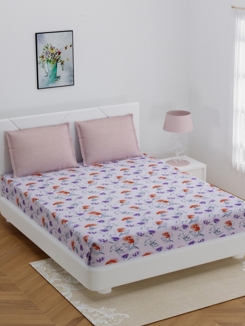 

BOMBAY DYEING White & Purple Floral-Printed 144 TC Double Bedsheet with 2 Pillow Covers