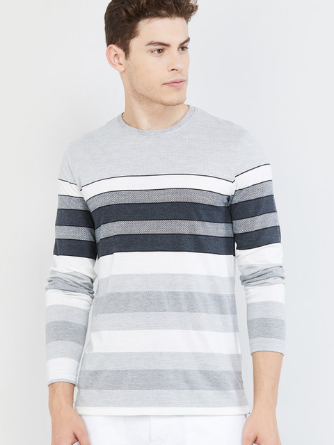 

max Men Grey & Off-White Striped Round Neck T-shirt