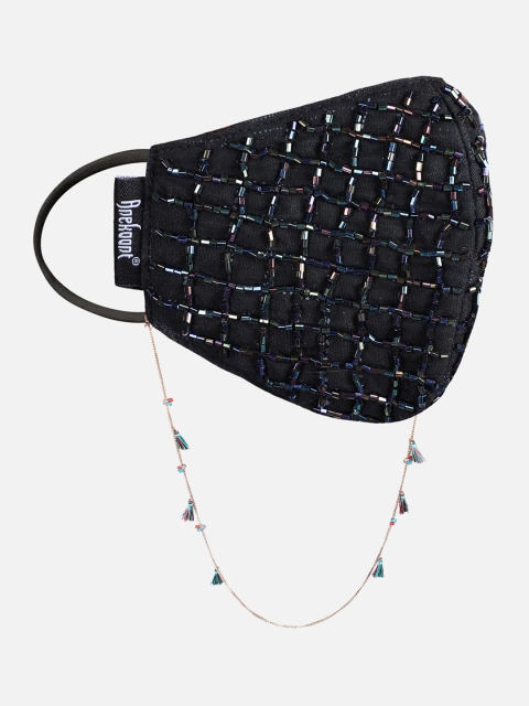 

Anekaant Women Black Embellished 3-Ply Reusable Outdoor Fashion Mask with Lanyard Chain