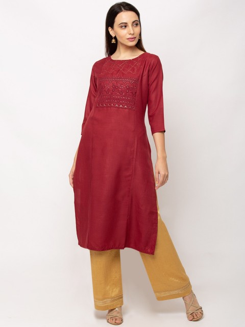 

TANKHI Women Maroon Yoke Design Straight Kurta