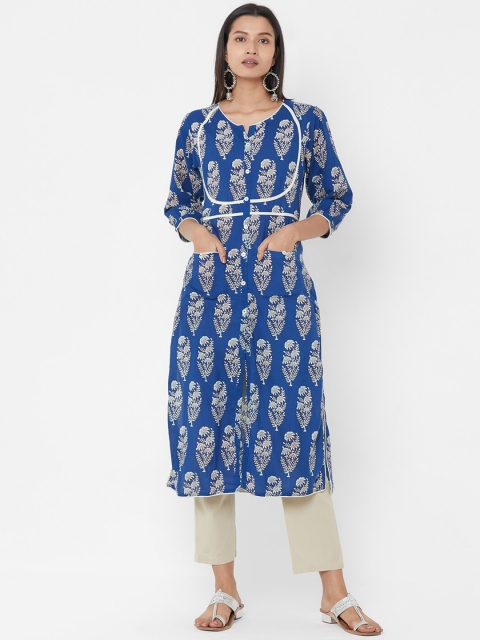 

Vedic Women Blue Printed A-Line Cotton Kurta
