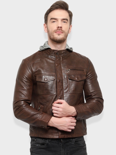 

echt Men Brown Solid Leather Jacket
