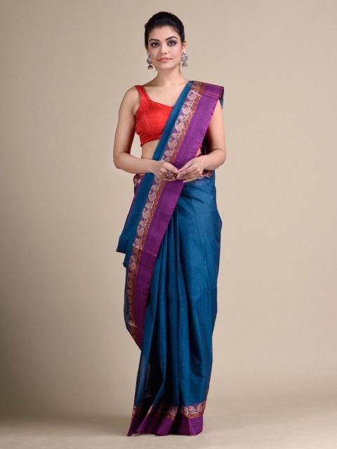 

Mitera Blue Pure Cotton Solid Taant Hand Woven Saree