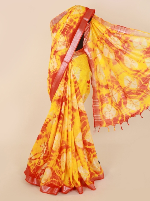 

Pothys Yellow Dyed Linen Blend Shibori Printed Saree