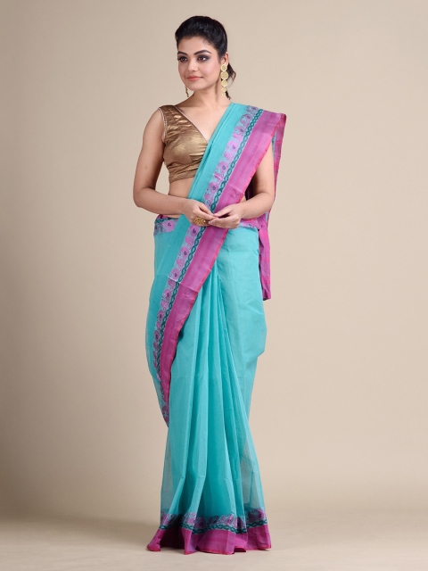 

Mitera Turquoise Blue Pure Cotton Solid Taant Saree