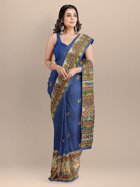 

BharatSthali Blue Silk Cotton Kalamkari Printed Handloom Tussar Sustainable Saree