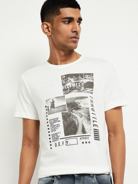 

max Men White Printed Round Neck T-shirt
