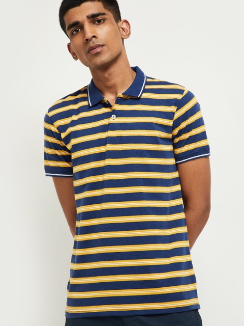 

max Men Blue & Yellow Striped Polo Collar T-shirt