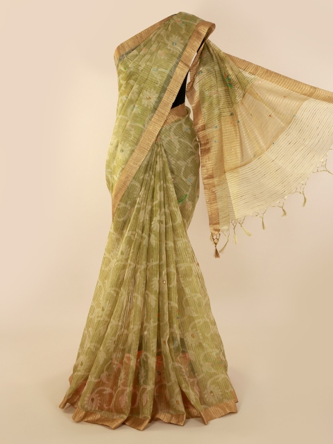 

Pothys Mustard Printed Tissue Saree with Zari Border
