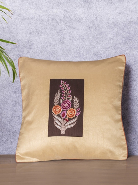 

PETAL HOME Beige & Brown Brindavan Embroidered Square Cushion Cover
