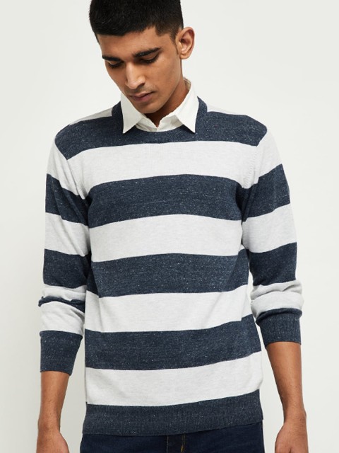 

max Men White & Navy Blue Striped Pullover