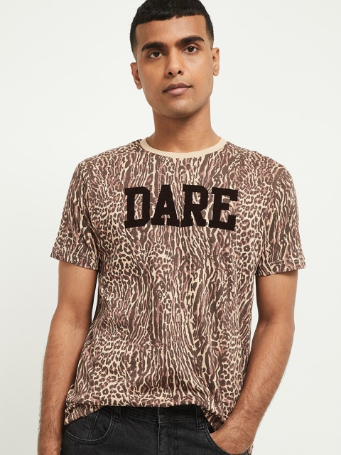 

max Men Brown Printed Round Neck Pure Cotton T-shirt