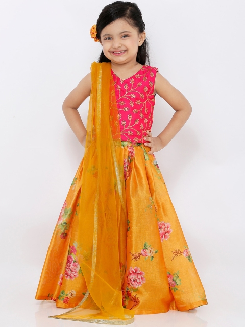 

SALWAR STUDIO Girls Mustard Yellow & Pink Embellished Lehenga & Choli With Dupatta