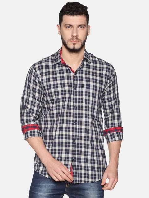 

LEVIZO Men Navy Blue & Grey Regular Fit Checked Casual Shirt