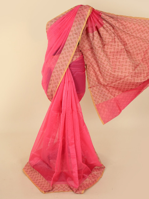 

Pothys Pink Solid Supernet Saree with Woven Design Border