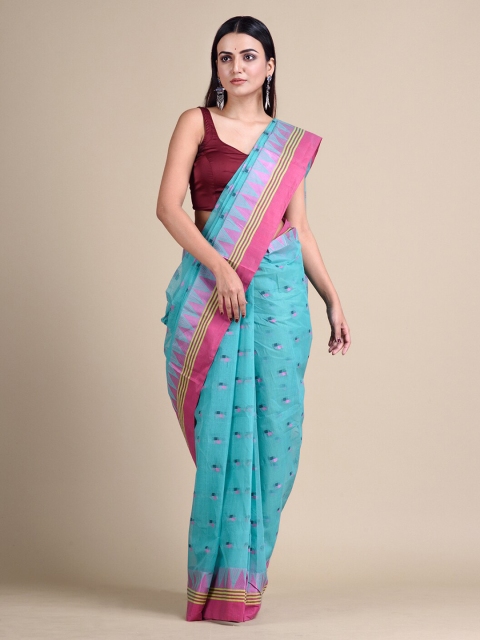 

Mitera Turquoise Blue Pure Cotton Woven Design Taant Saree
