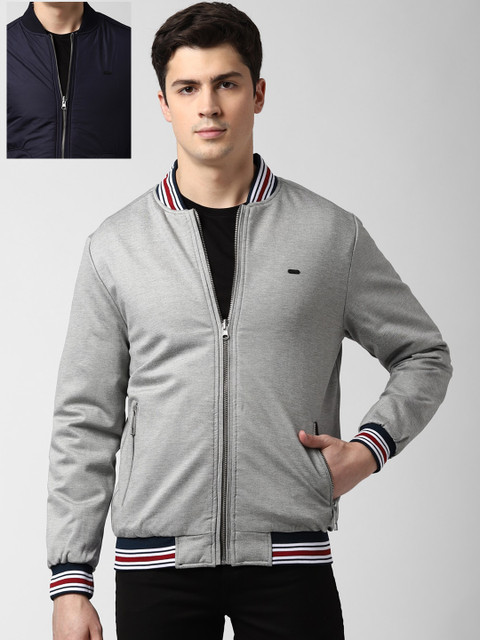 

Peter England Casuals Men Navy Blue & Grey Solid Reversible Bomber Jacket