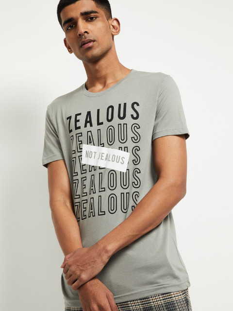 

max Men Grey Black Printed Round Neck Pure Cotton T-shirt