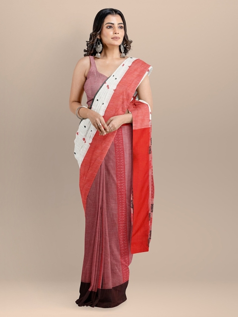 

BharatSthali White & Red Pure Cotton Woven Design Handloom Taant Saree