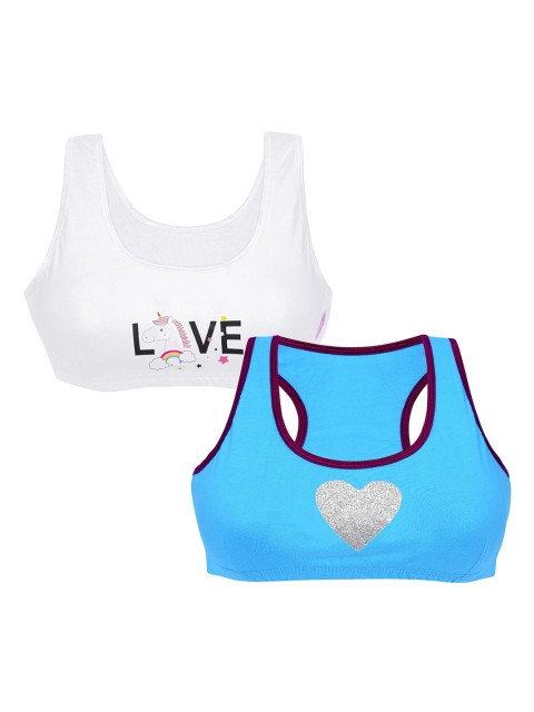 

DChica Girls Pack Of 2 Printed Non-Wired Non-Padded Beginner Sports Bras DCBRJN6480, Blue