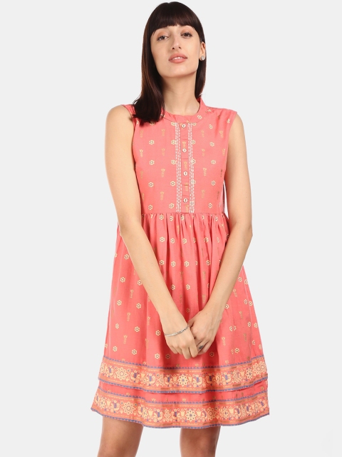 

Karigari Women Coral Pink Printed Fit and Flare Dress