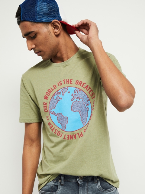 

max Men Green Blue Printed Round Neck Pure Cotton T-shirt